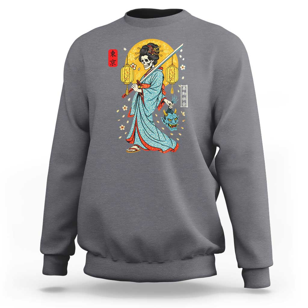 Horror Samurai Geisha Skull Sweatshirt Japanese Kimono And Katana - Wonder Print Shop