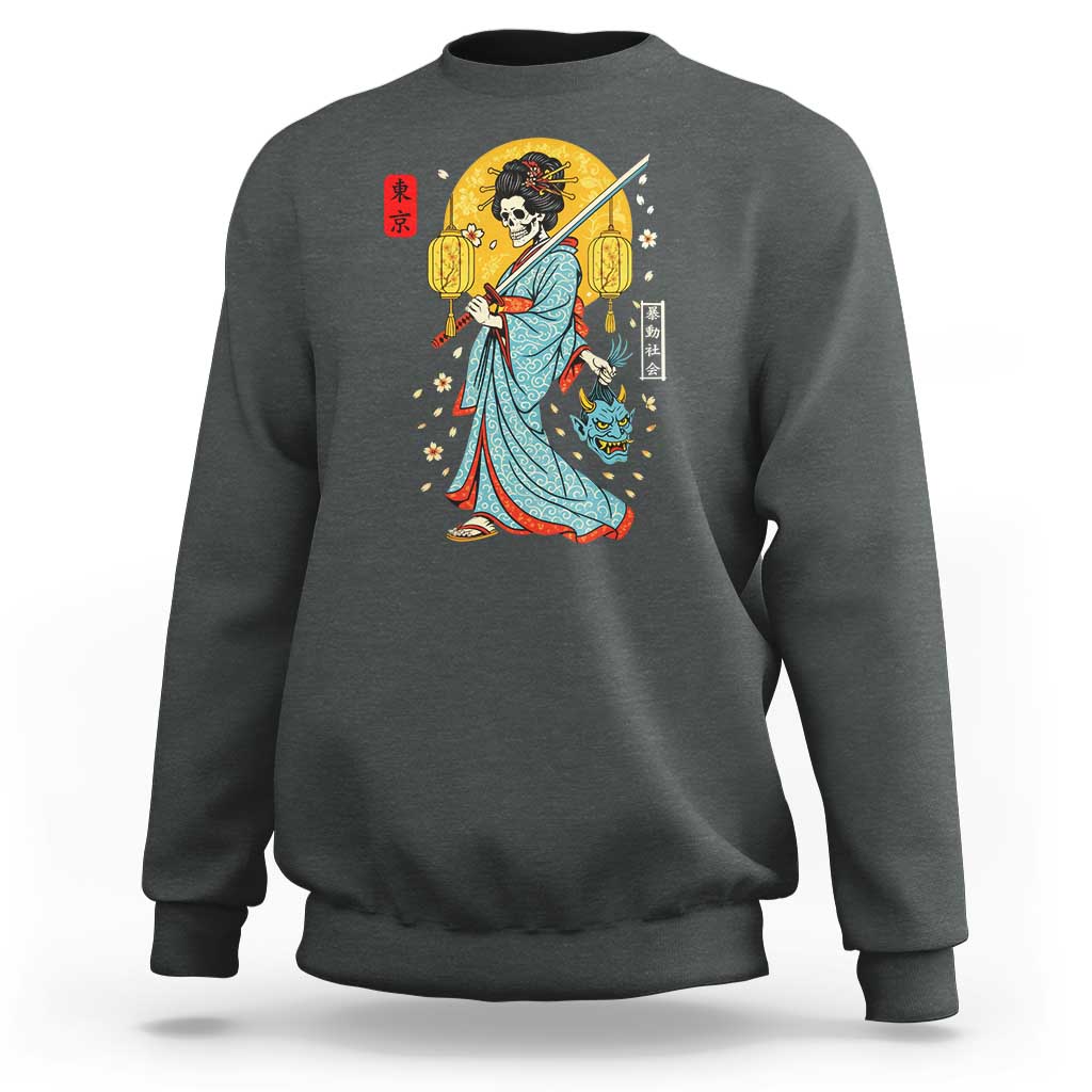 Horror Samurai Geisha Skull Sweatshirt Japanese Kimono And Katana - Wonder Print Shop