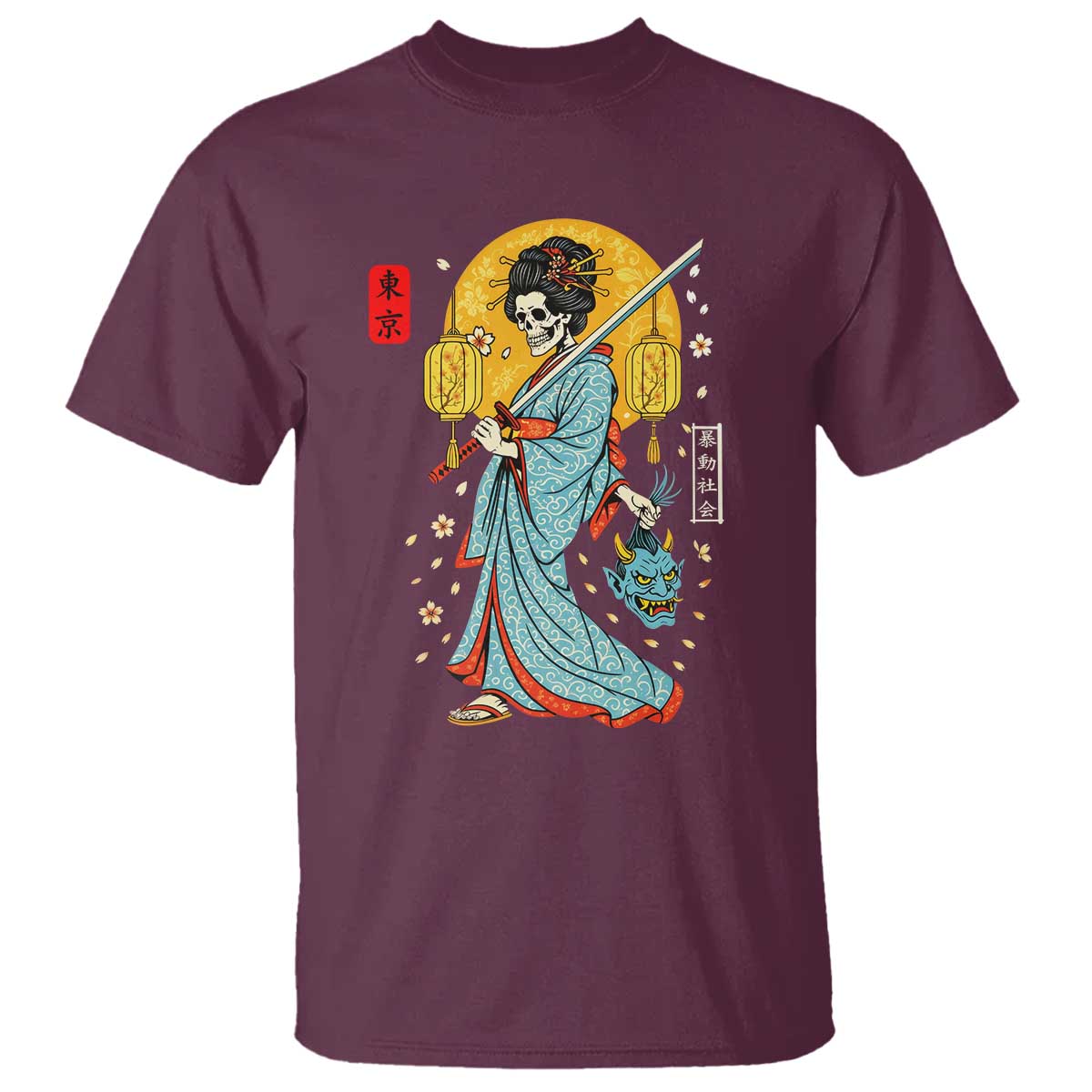 Horror Samurai Geisha Skull T Shirt Japanese Kimono And Katana - Wonder Print Shop