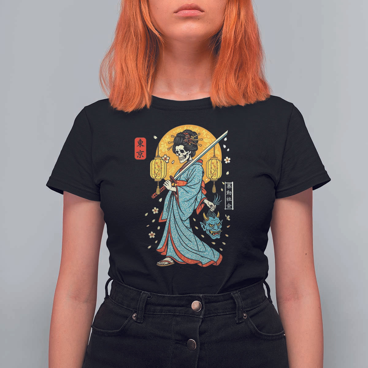Horror Samurai Geisha Skull T Shirt For Women Japanese Kimono And Katana - Wonder Print Shop