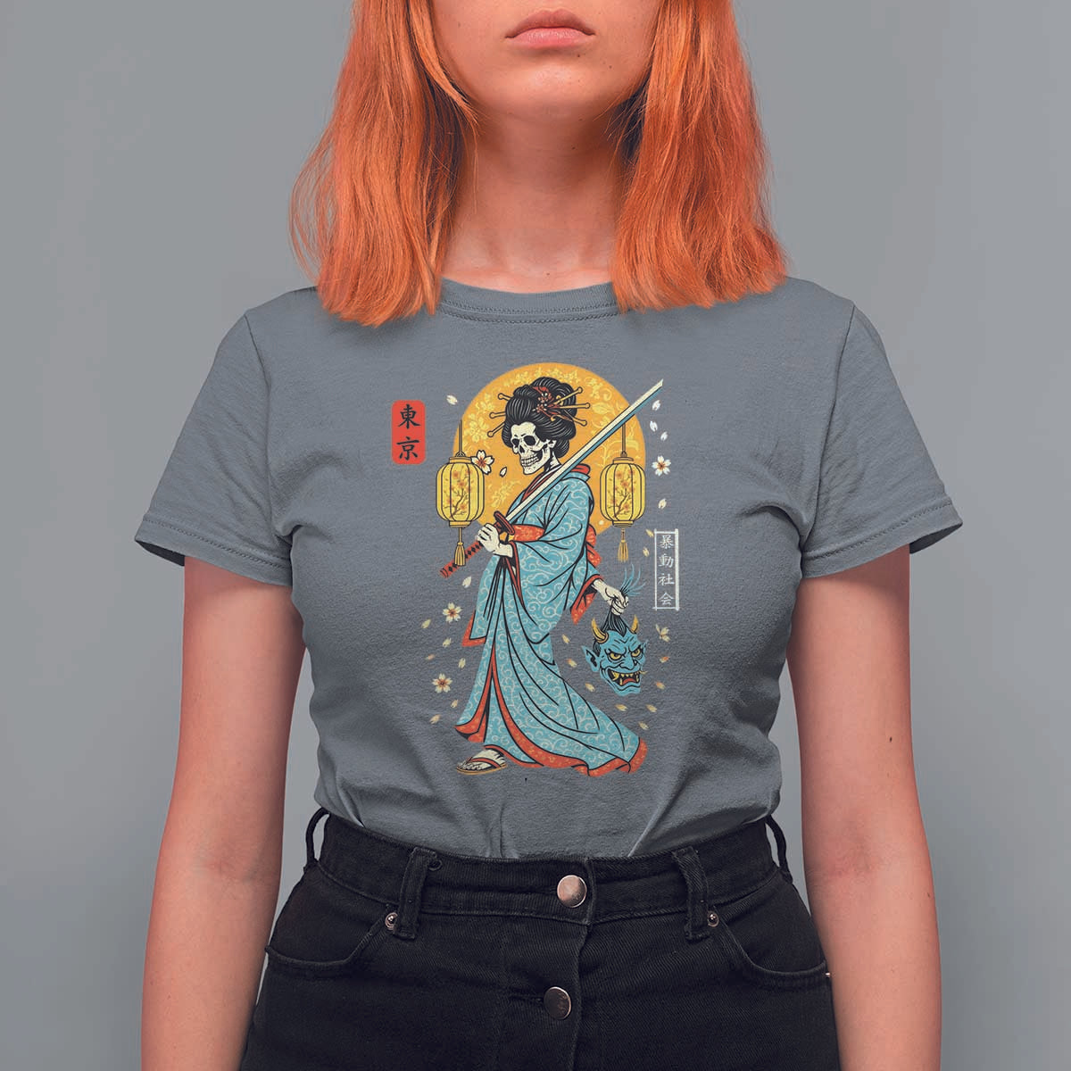 Horror Samurai Geisha Skull T Shirt For Women Japanese Kimono And Katana - Wonder Print Shop