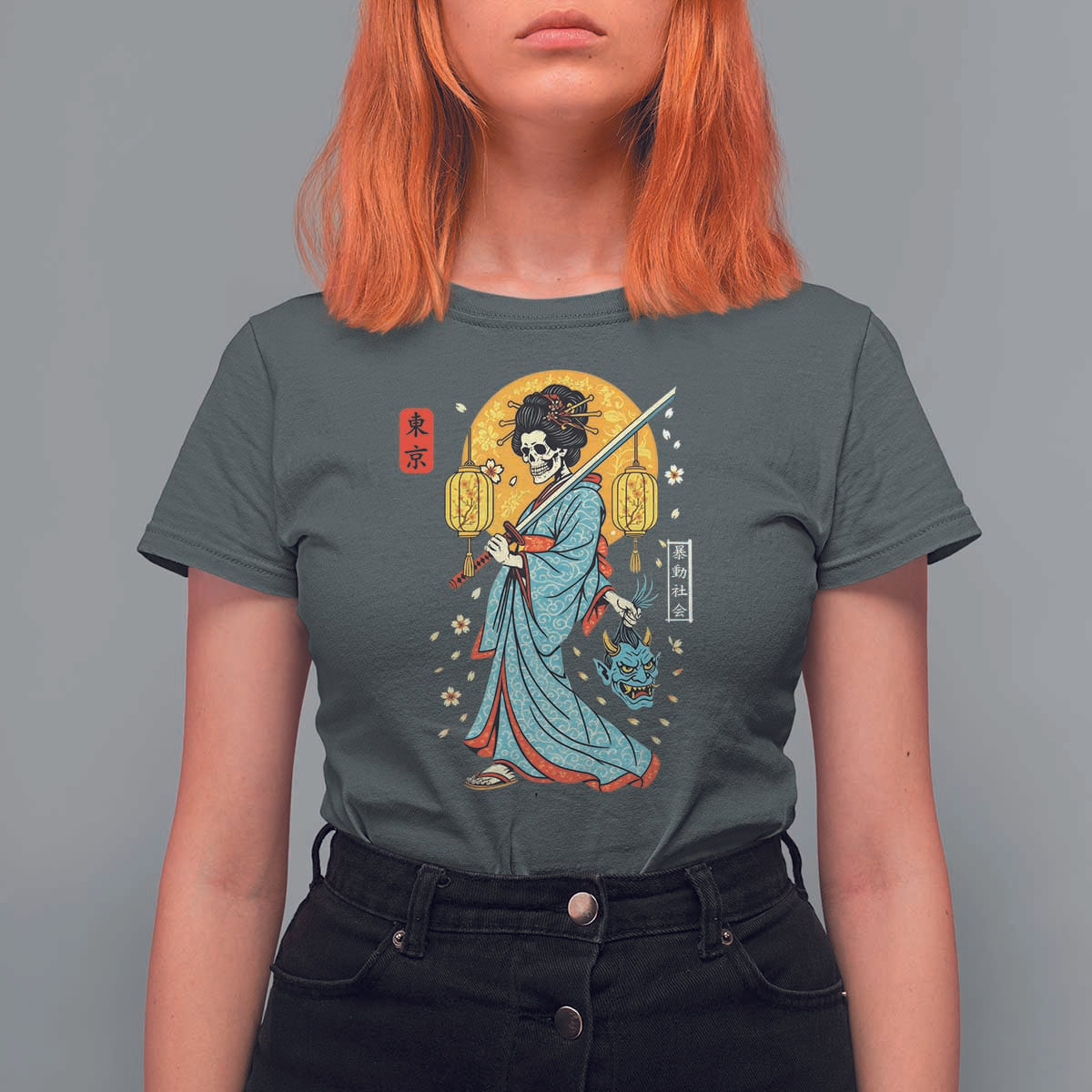 Horror Samurai Geisha Skull T Shirt For Women Japanese Kimono And Katana - Wonder Print Shop