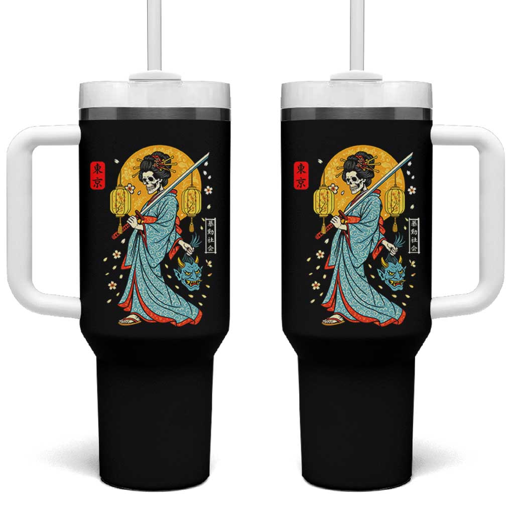 Horror Samurai Geisha Skull Tumbler With Handle Japanese Kimono And Katana