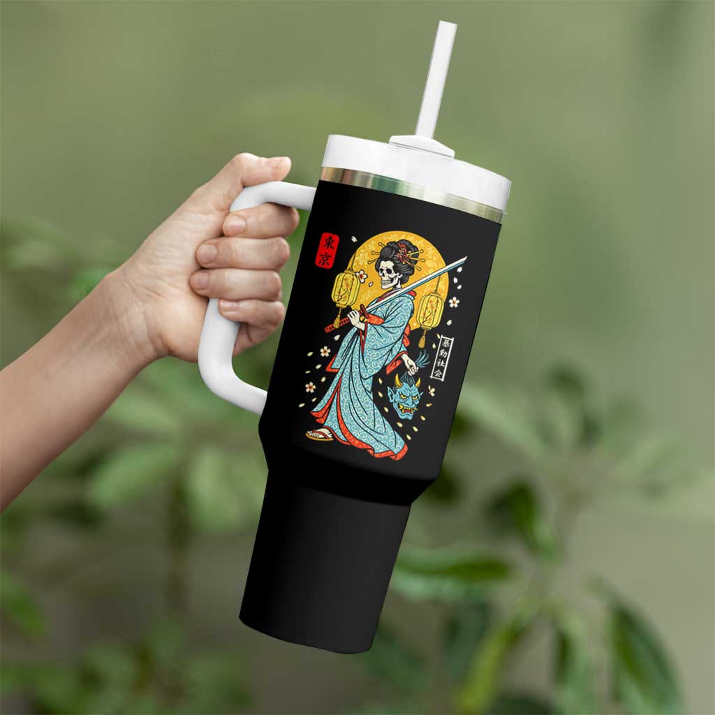 Horror Samurai Geisha Skull Tumbler With Handle Japanese Kimono And Katana