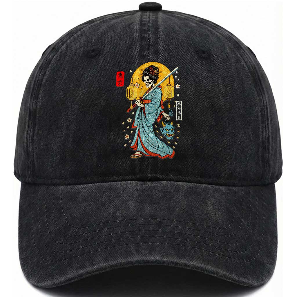 Horror Samurai Geisha Skull Washed Cotton Baseball Cap Japanese Kimono And Katana