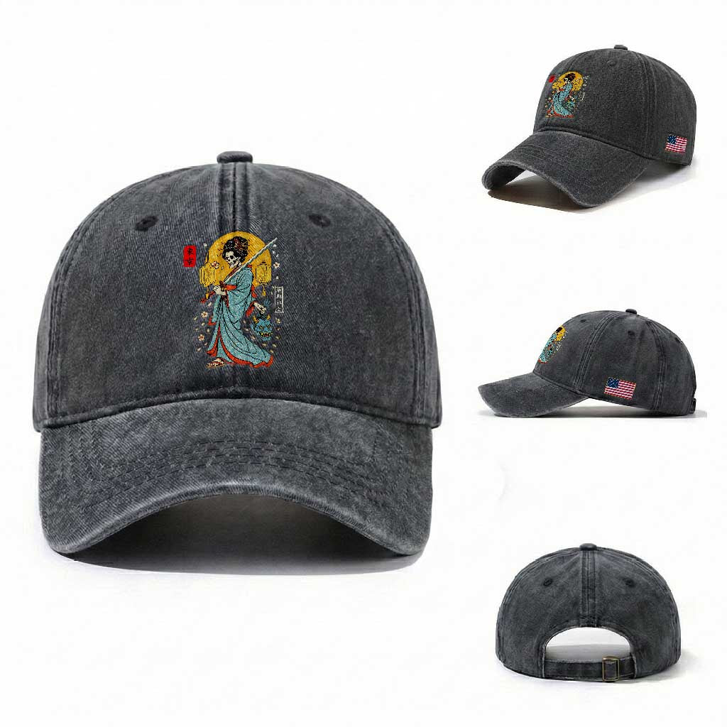 Horror Samurai Geisha Skull Washed Cotton Baseball Cap Japanese Kimono And Katana