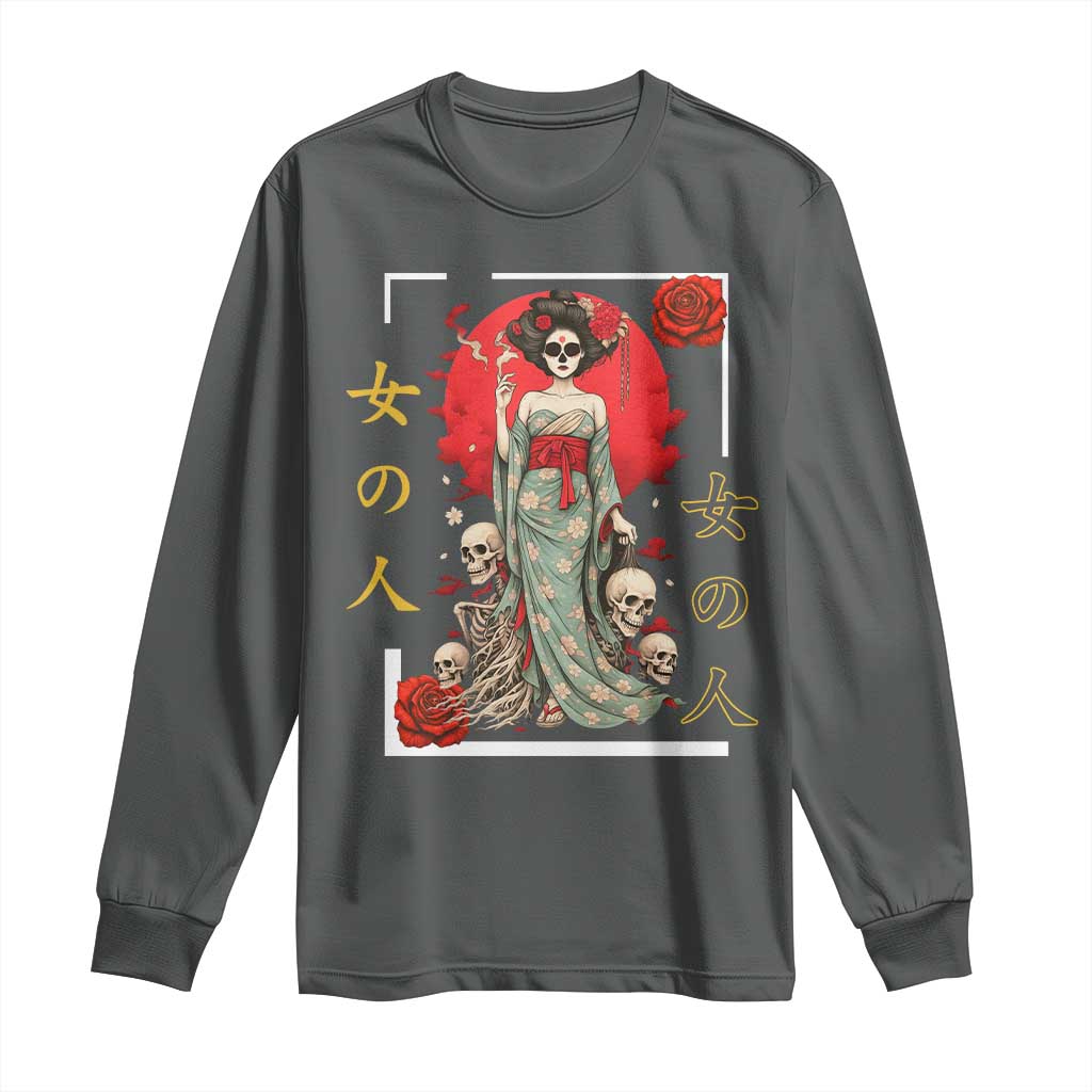 Gothic Japanese Geisha Skeleton Long Sleeve Shirt Wearing Kimono - Wonder Print Shop
