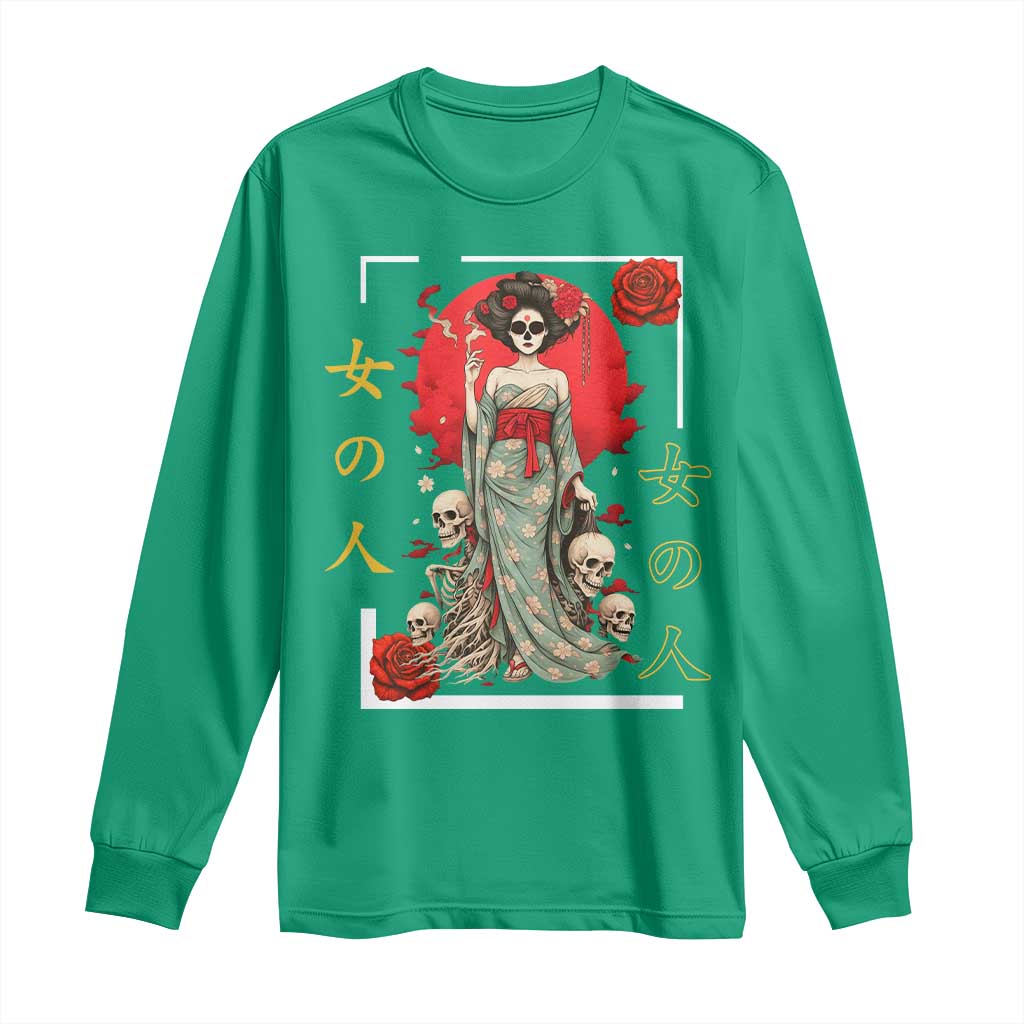 Gothic Japanese Geisha Skeleton Long Sleeve Shirt Wearing Kimono - Wonder Print Shop