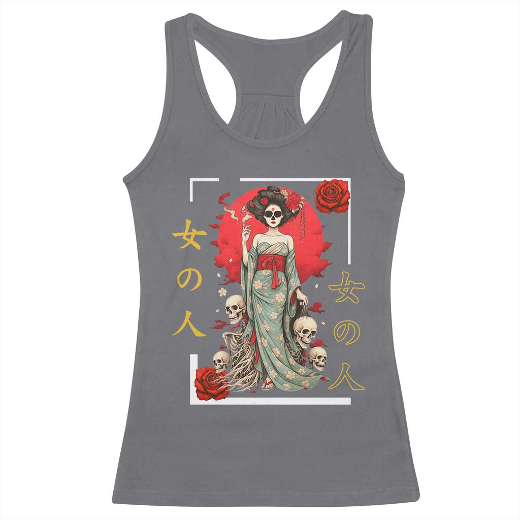 Gothic Japanese Geisha Skeleton Racerback Tank Top Wearing Kimono - Wonder Print Shop