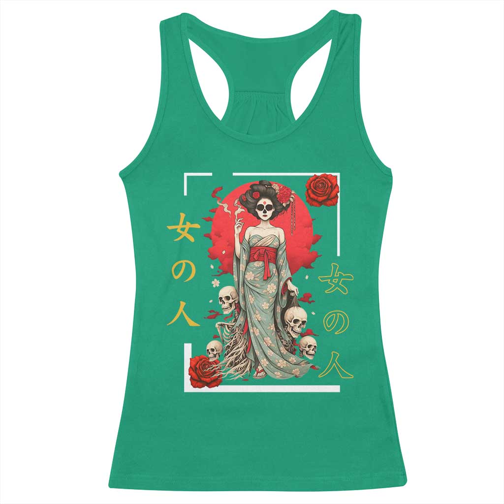 Gothic Japanese Geisha Skeleton Racerback Tank Top Wearing Kimono - Wonder Print Shop