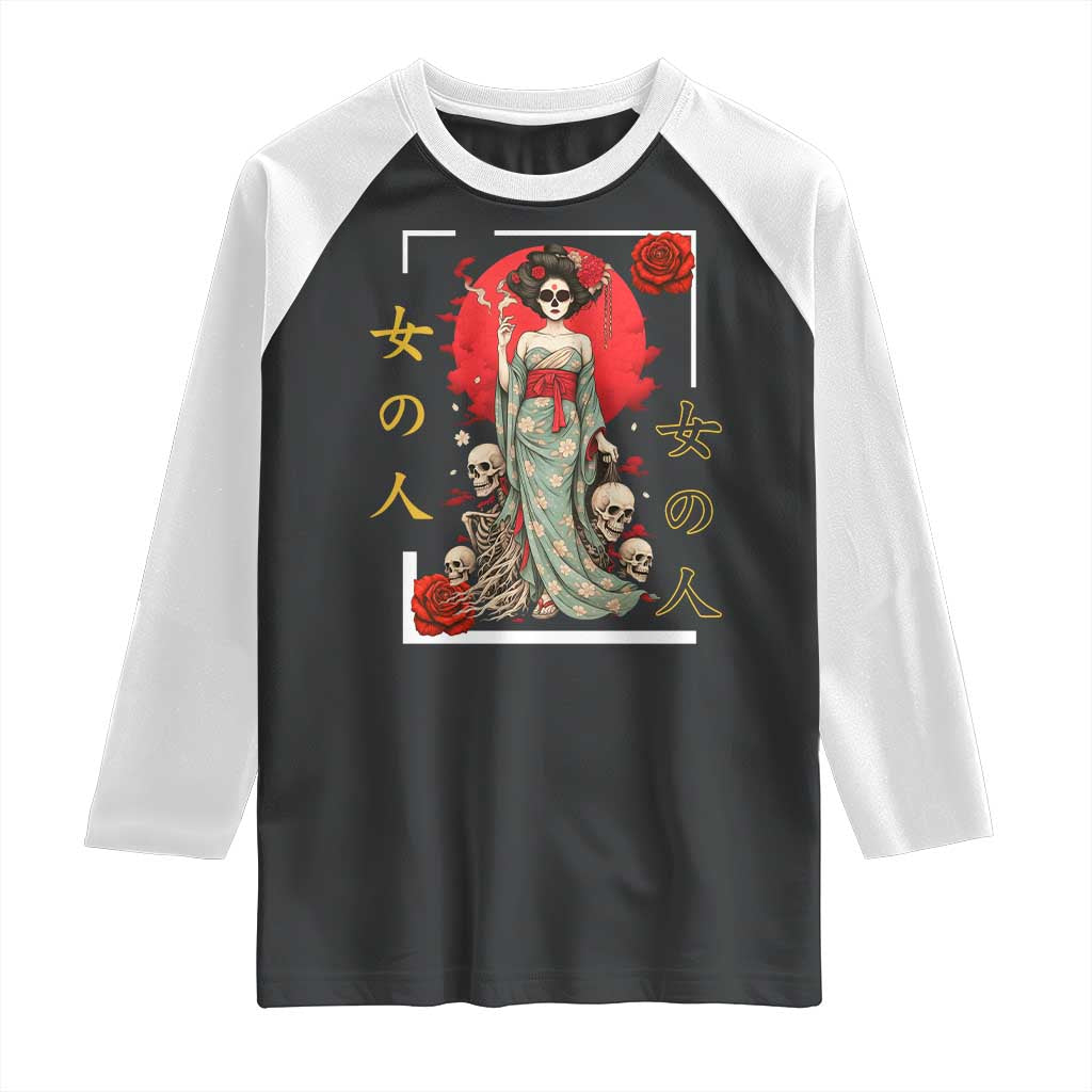 Gothic Japanese Geisha Skeleton Raglan Shirt Wearing Kimono - Wonder Print Shop
