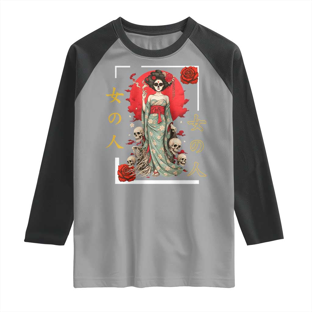 Gothic Japanese Geisha Skeleton Raglan Shirt Wearing Kimono - Wonder Print Shop