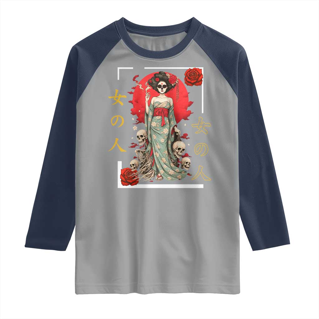 Gothic Japanese Geisha Skeleton Raglan Shirt Wearing Kimono - Wonder Print Shop
