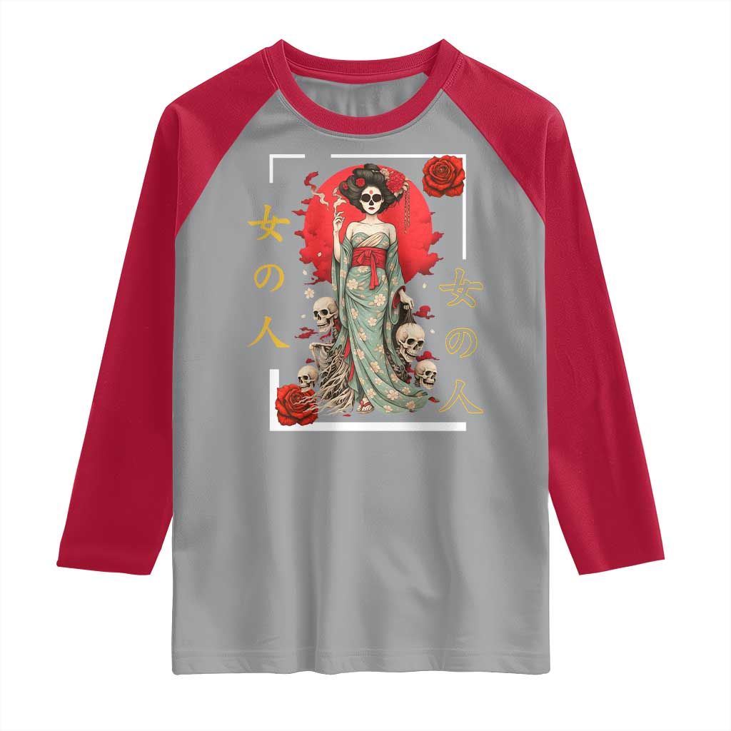 Gothic Japanese Geisha Skeleton Raglan Shirt Wearing Kimono - Wonder Print Shop