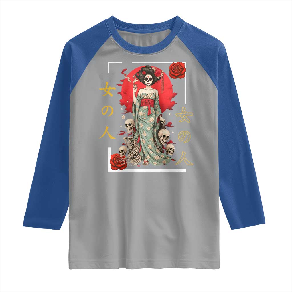 Gothic Japanese Geisha Skeleton Raglan Shirt Wearing Kimono - Wonder Print Shop