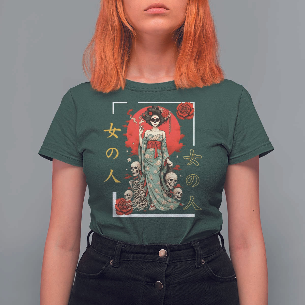 Gothic Japanese Geisha Skeleton T Shirt For Women Wearing Kimono - Wonder Print Shop