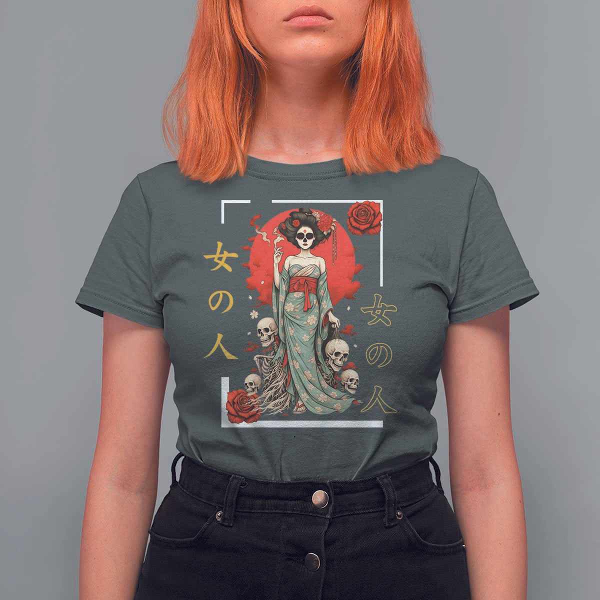 Gothic Japanese Geisha Skeleton T Shirt For Women Wearing Kimono - Wonder Print Shop