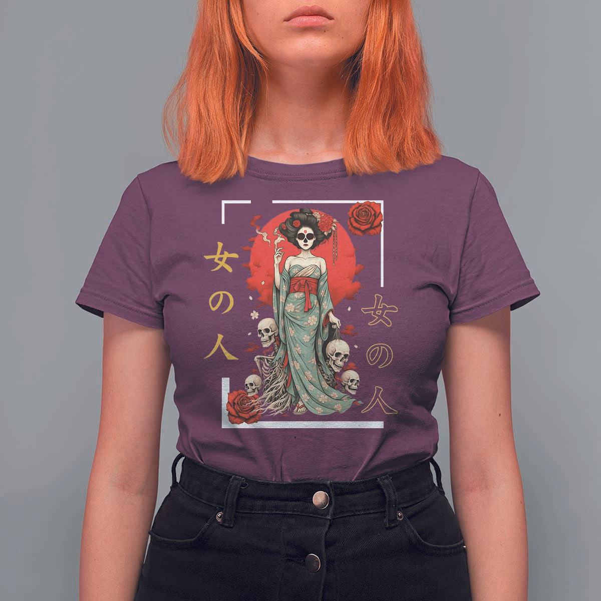 Gothic Japanese Geisha Skeleton T Shirt For Women Wearing Kimono - Wonder Print Shop