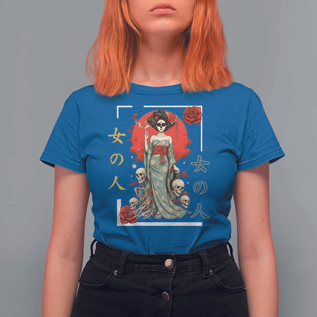 Gothic Japanese Geisha Skeleton T Shirt For Women Wearing Kimono - Wonder Print Shop