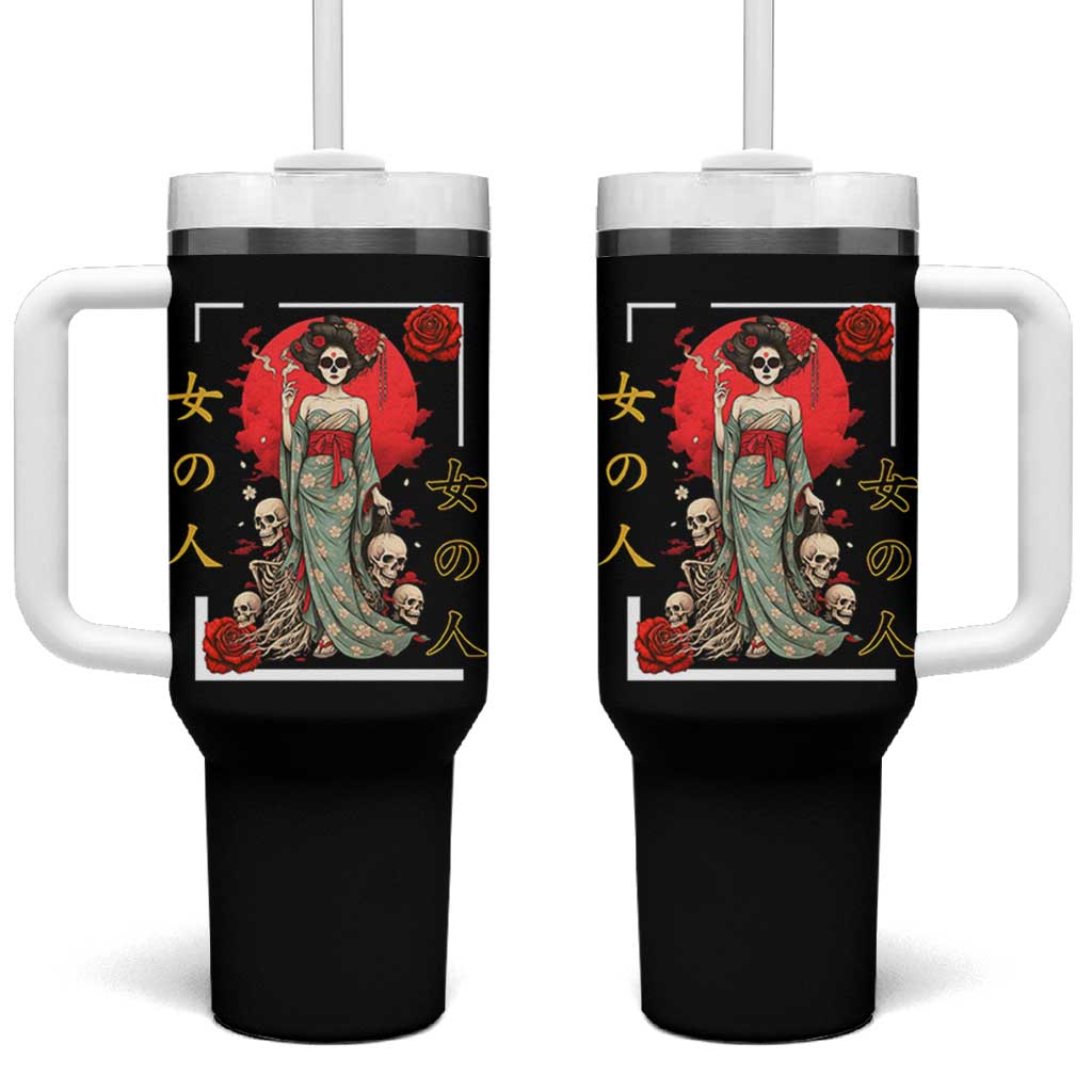 Gothic Japanese Geisha Skeleton Tumbler With Handle Wearing Kimono