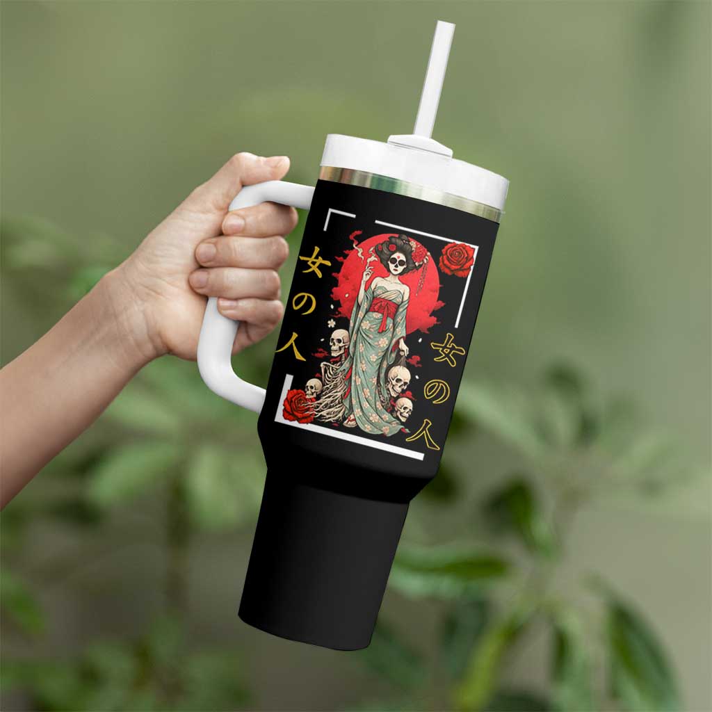 Gothic Japanese Geisha Skeleton Tumbler With Handle Wearing Kimono
