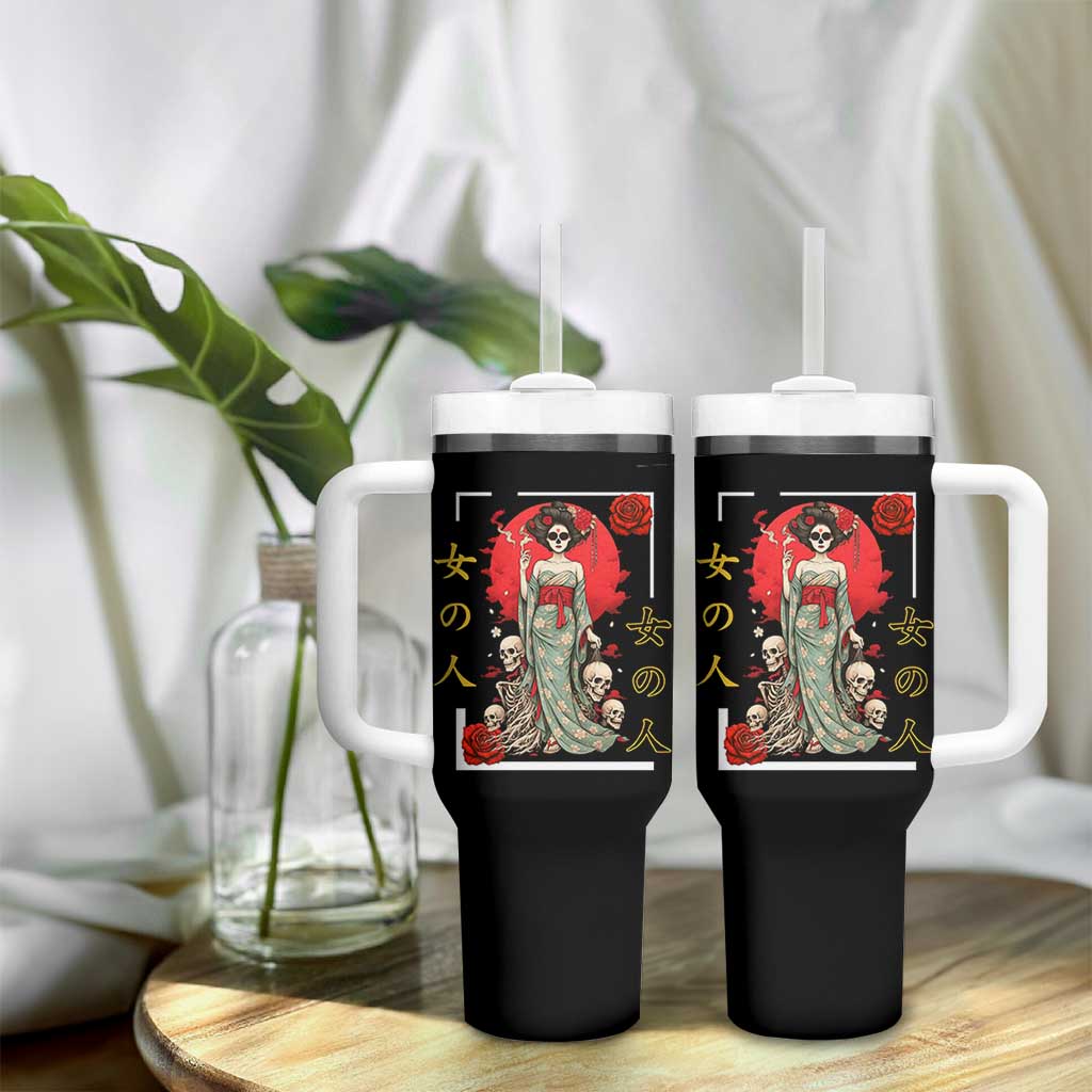 Gothic Japanese Geisha Skeleton Tumbler With Handle Wearing Kimono