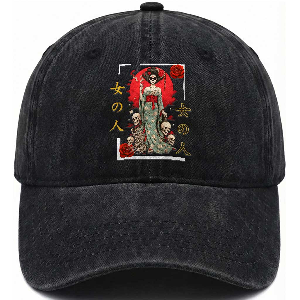 Gothic Japanese Geisha Skeleton Washed Cotton Baseball Cap Wearing Kimono