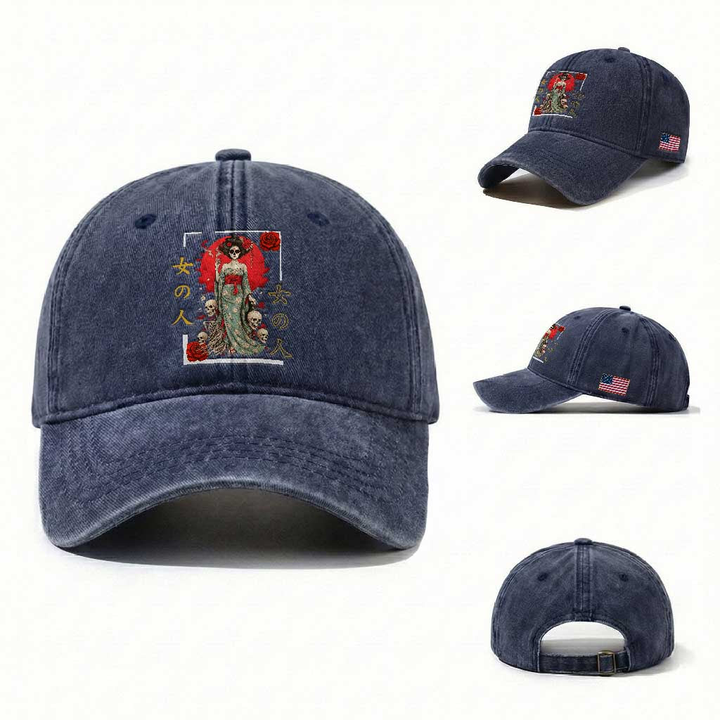 Gothic Japanese Geisha Skeleton Washed Cotton Baseball Cap Wearing Kimono