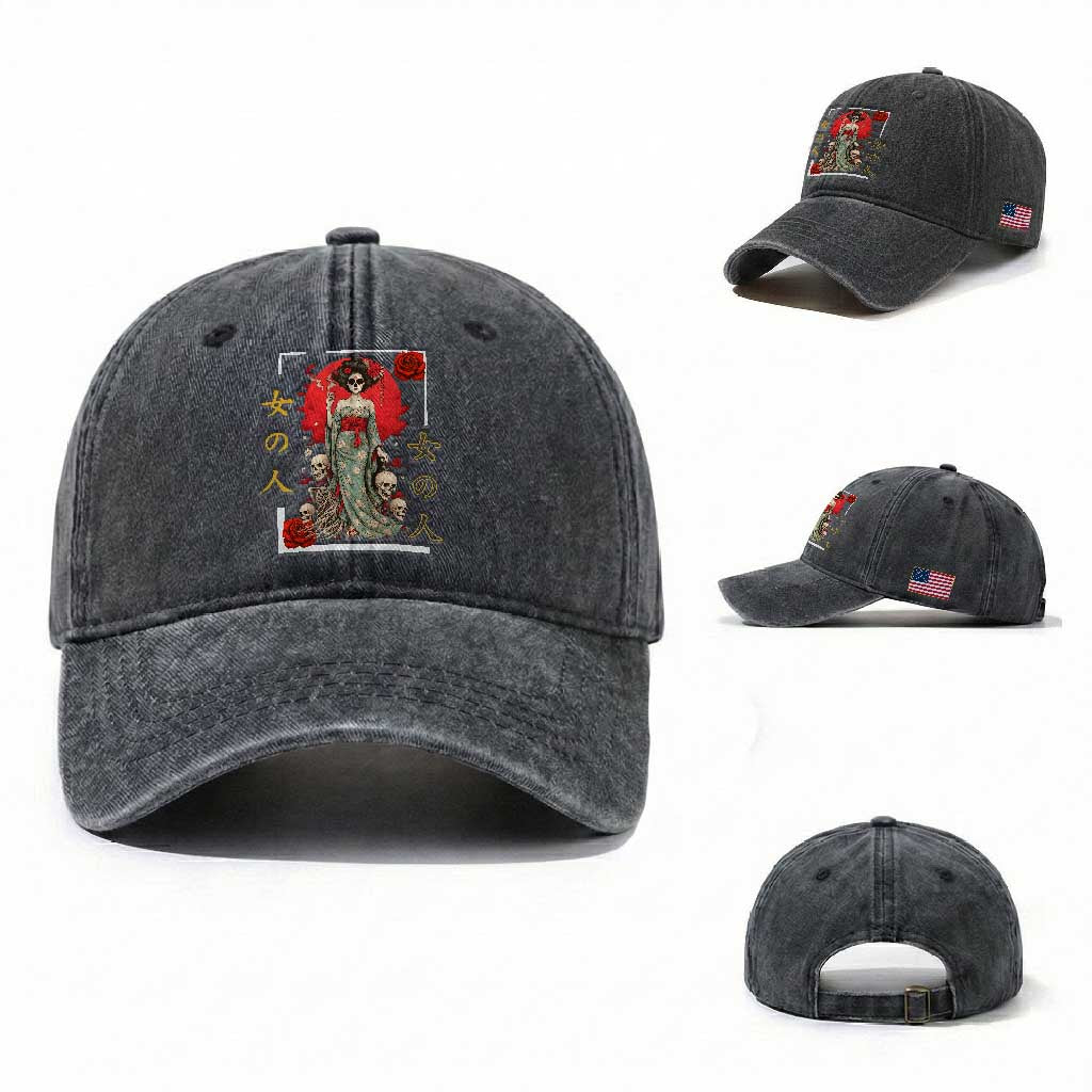 Gothic Japanese Geisha Skeleton Washed Cotton Baseball Cap Wearing Kimono
