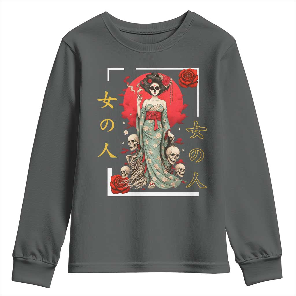 Gothic Japanese Geisha Skeleton Youth Sweatshirt Wearing Kimono - Wonder Print Shop