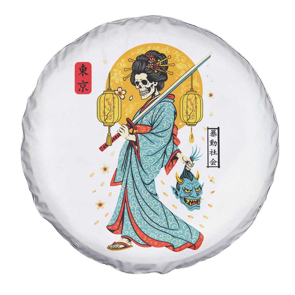 Gothic Samurai Geisha Skeleton Spare Tire Cover Japanese Kimono And Katana - Wonder Print Shop