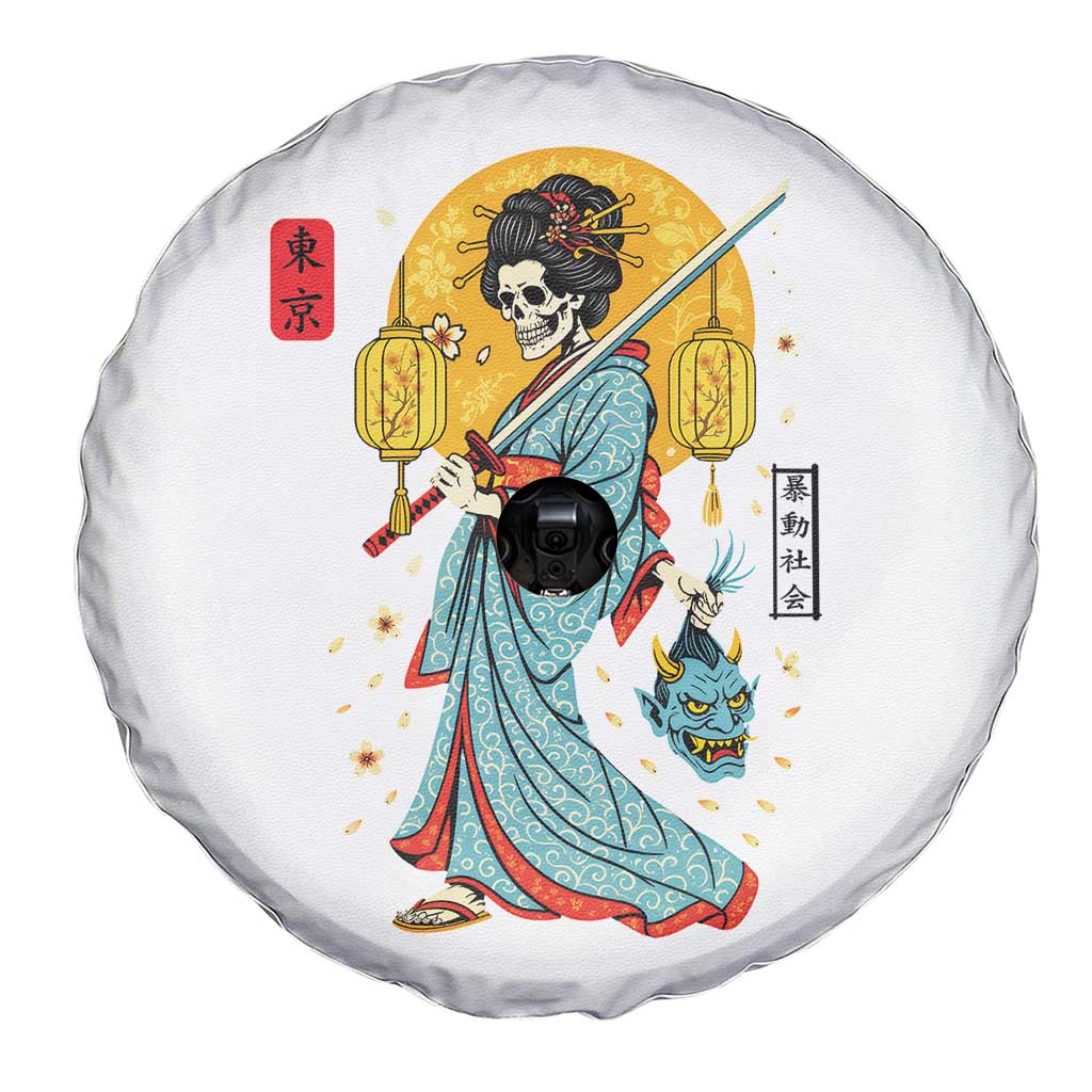 Gothic Samurai Geisha Skeleton Spare Tire Cover Japanese Kimono And Katana - Wonder Print Shop