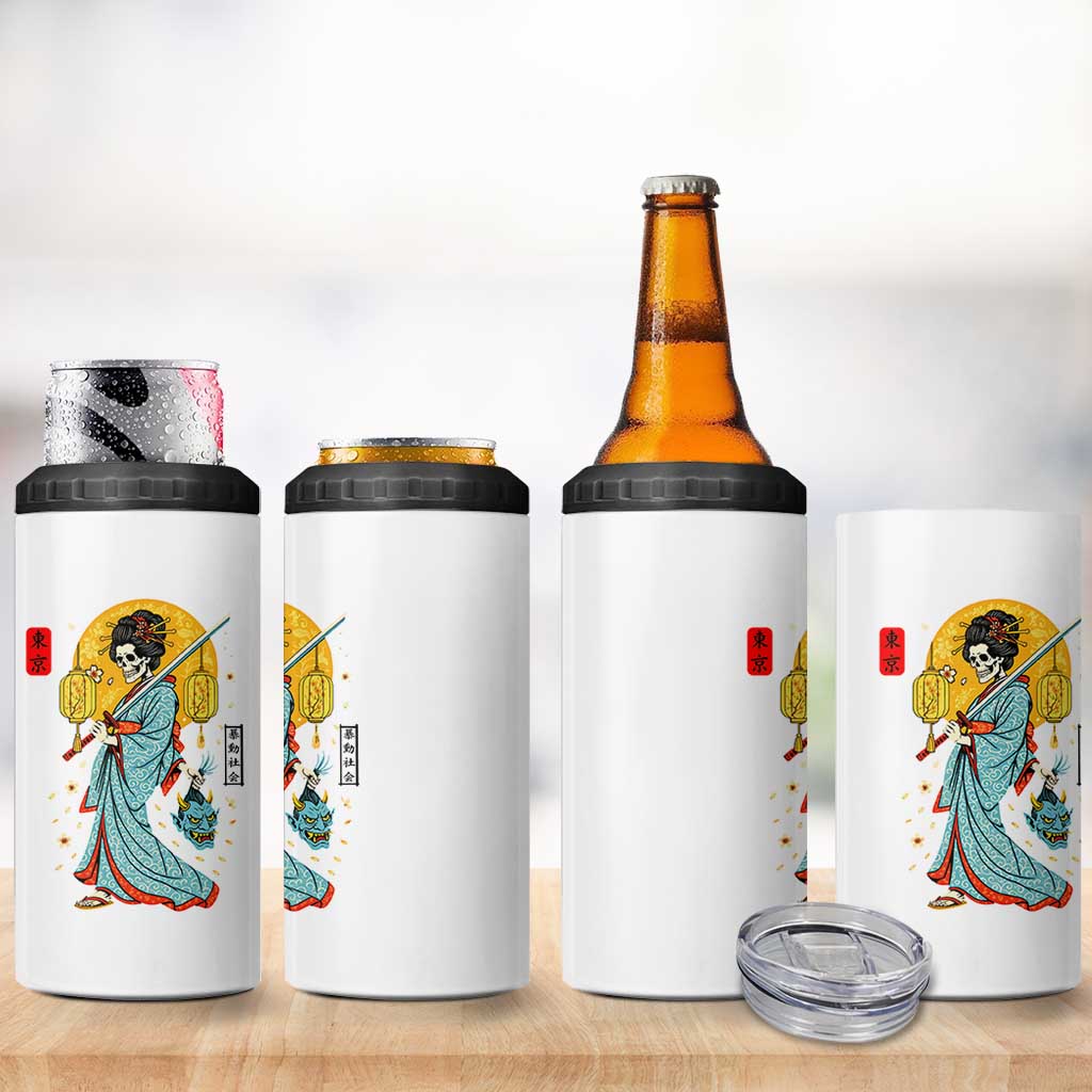 Gothic Samurai Geisha Skeleton 4 in 1 Can Cooler Tumbler Japanese Kimono And Katana