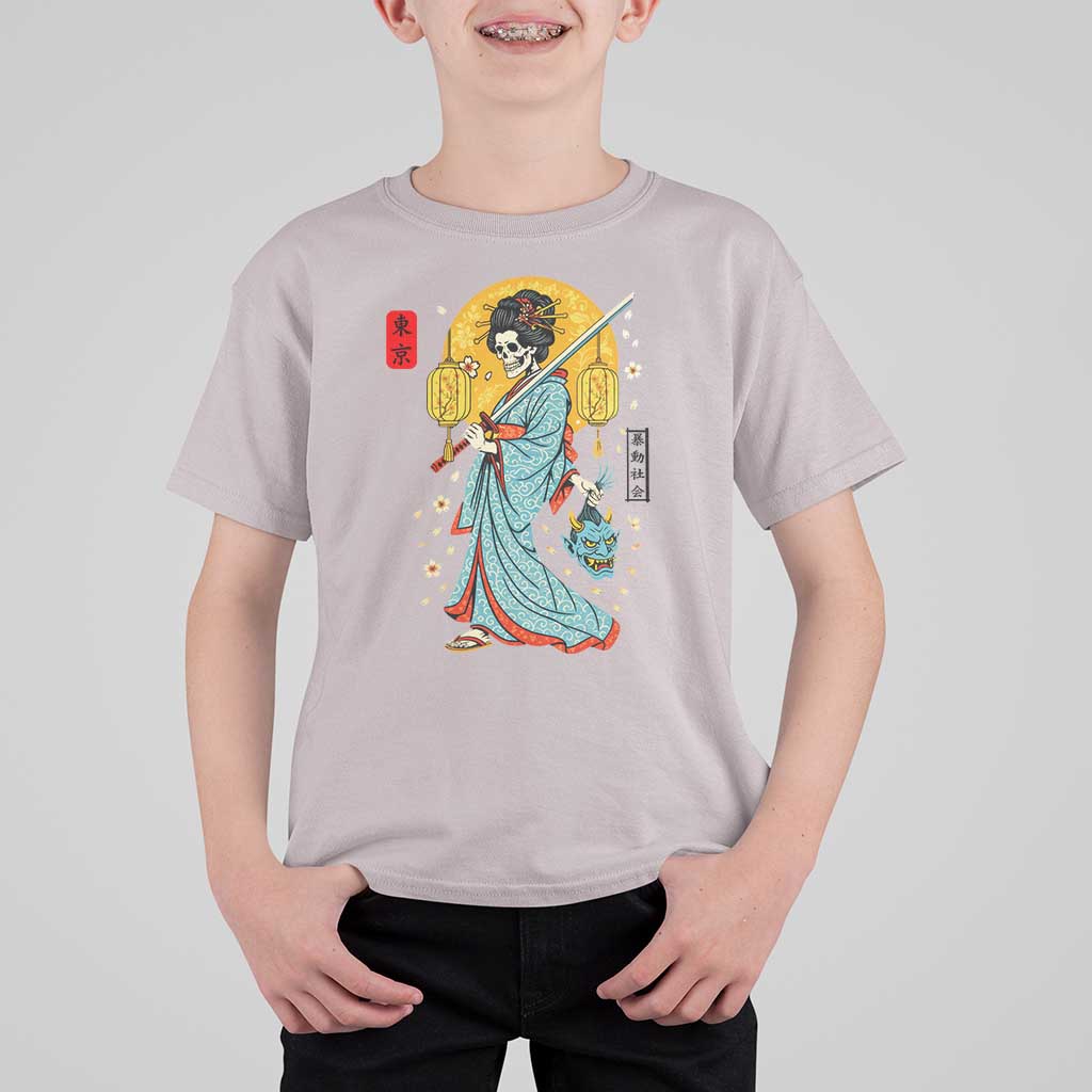 Gothic Samurai Geisha Skeleton T Shirt For Kid Japanese Kimono And Katana - Wonder Print Shop