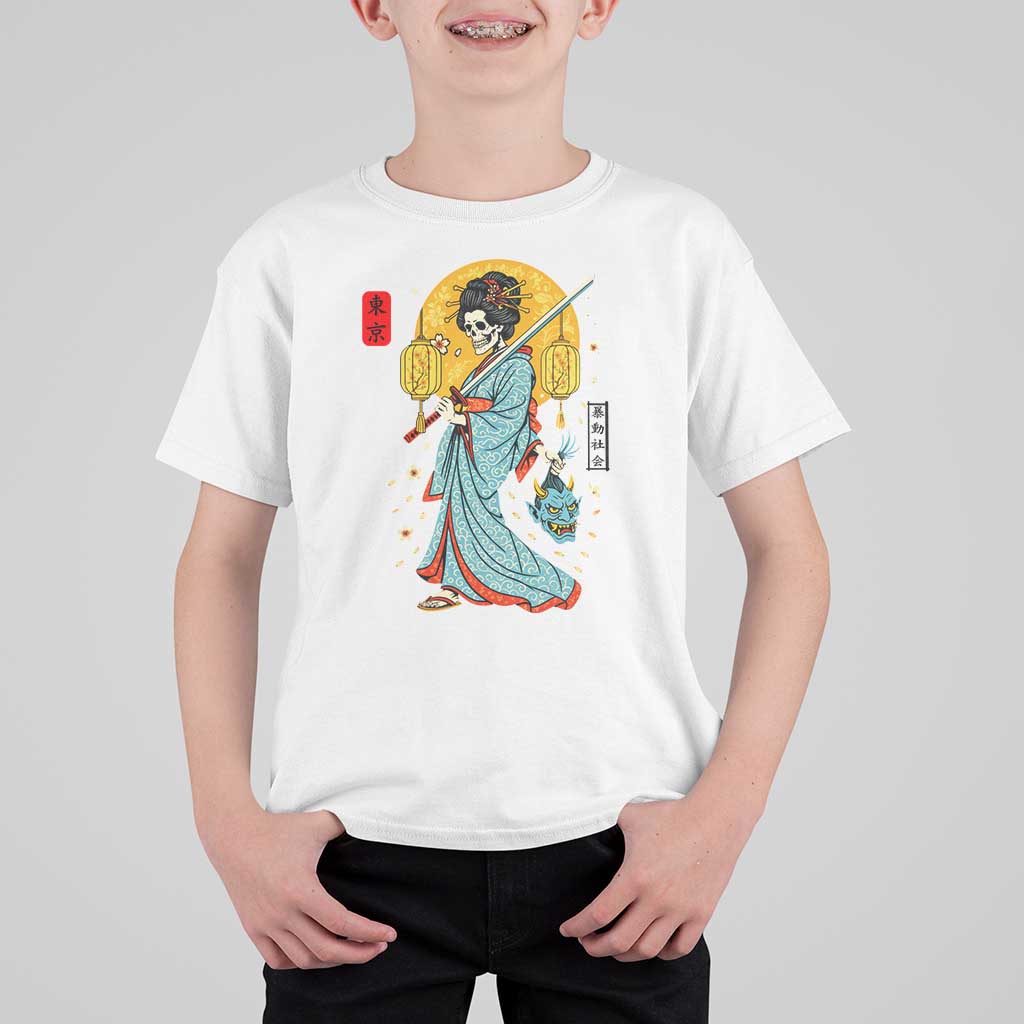 Gothic Samurai Geisha Skeleton T Shirt For Kid Japanese Kimono And Katana - Wonder Print Shop