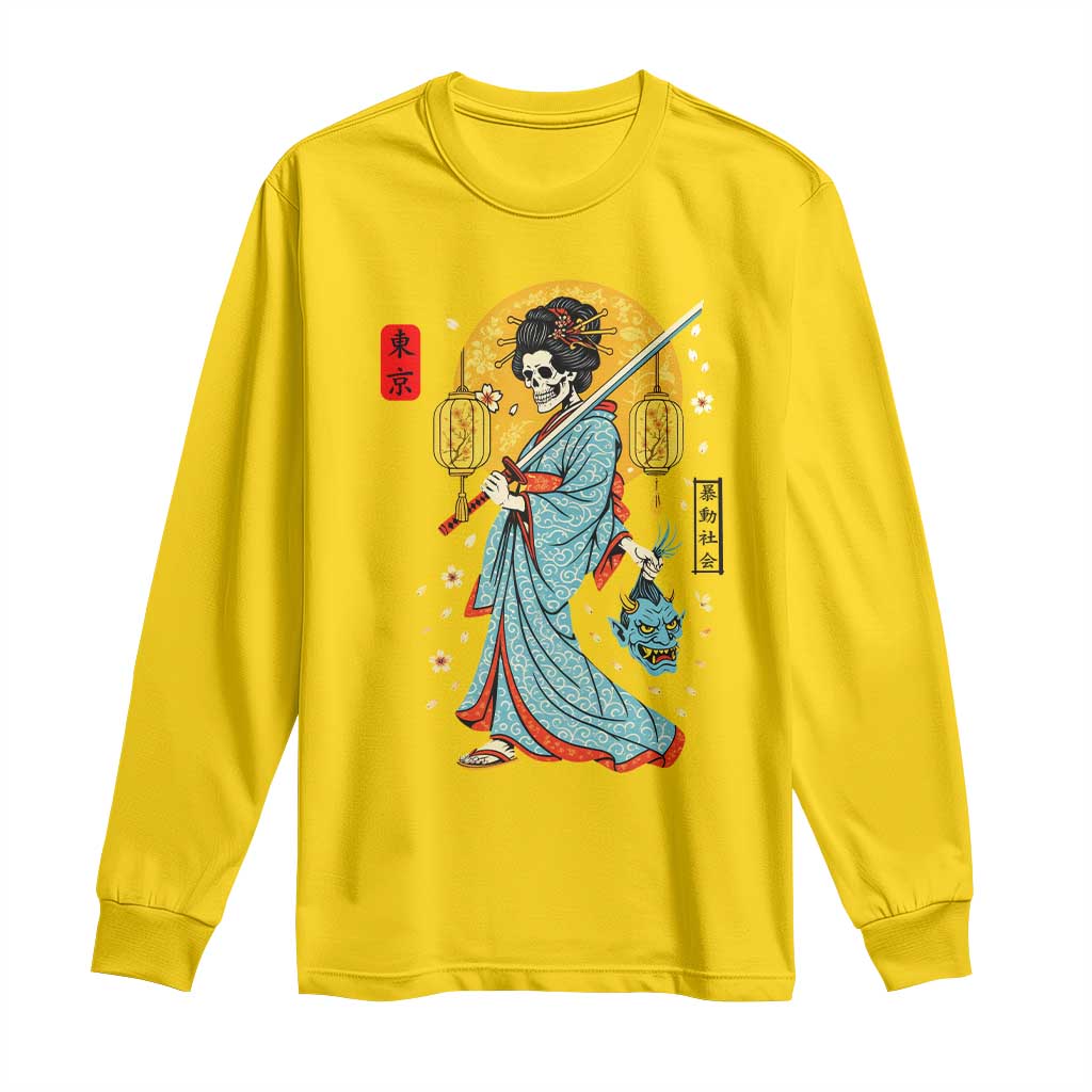 Gothic Samurai Geisha Skeleton Long Sleeve Shirt Japanese Kimono And Katana - Wonder Print Shop