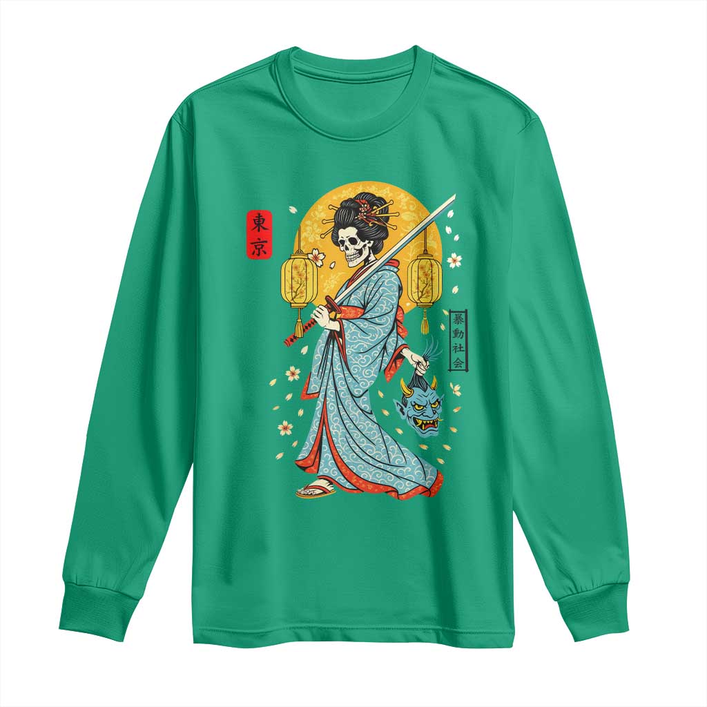 Gothic Samurai Geisha Skeleton Long Sleeve Shirt Japanese Kimono And Katana - Wonder Print Shop
