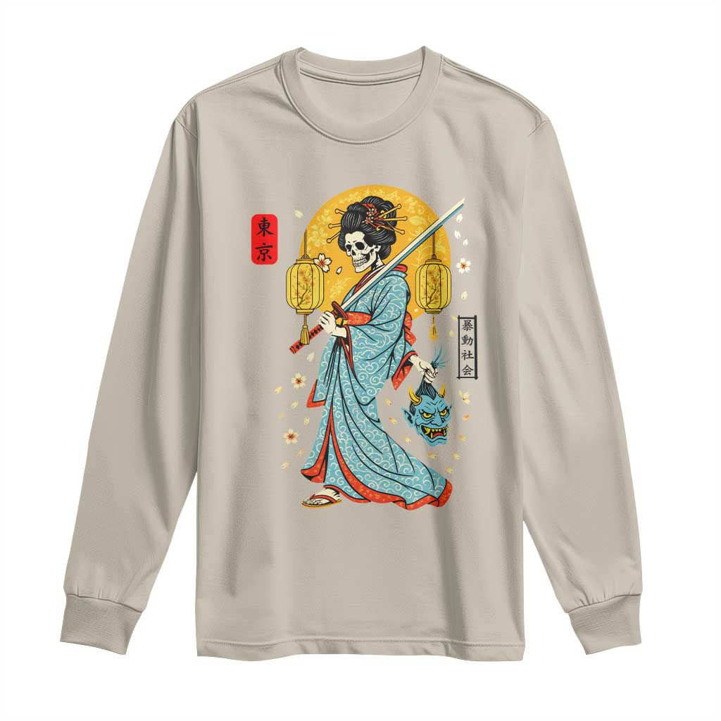 Gothic Samurai Geisha Skeleton Long Sleeve Shirt Japanese Kimono And Katana - Wonder Print Shop