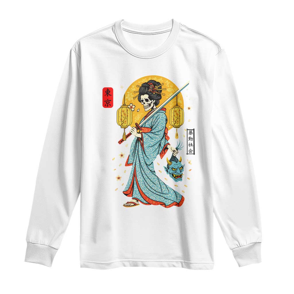 Gothic Samurai Geisha Skeleton Long Sleeve Shirt Japanese Kimono And Katana - Wonder Print Shop