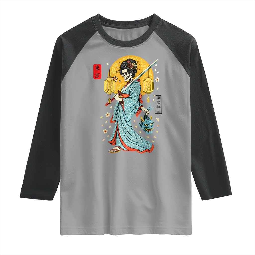 Gothic Samurai Geisha Skeleton Raglan Shirt Japanese Kimono And Katana - Wonder Print Shop