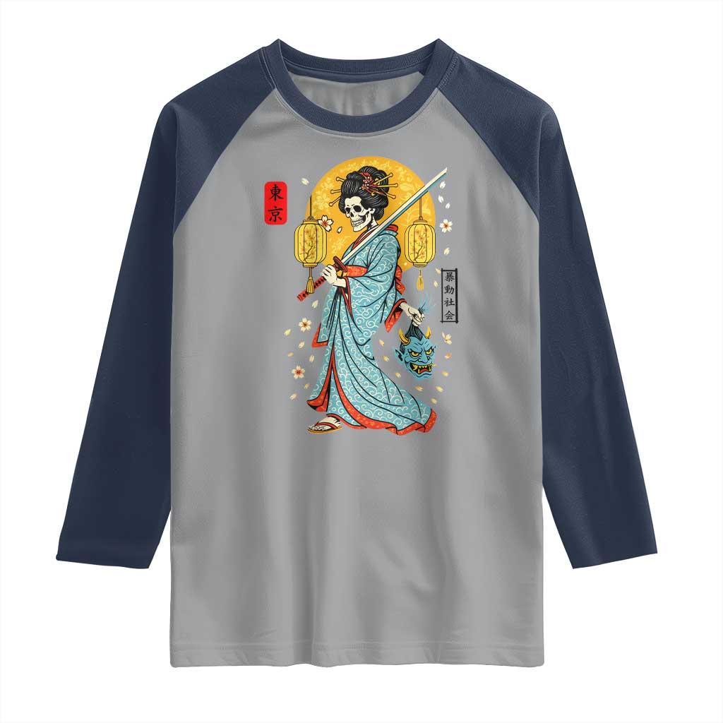 Gothic Samurai Geisha Skeleton Raglan Shirt Japanese Kimono And Katana - Wonder Print Shop