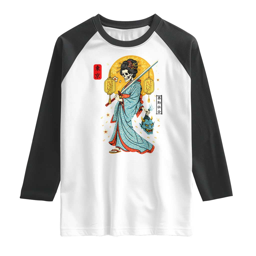 Gothic Samurai Geisha Skeleton Raglan Shirt Japanese Kimono And Katana - Wonder Print Shop