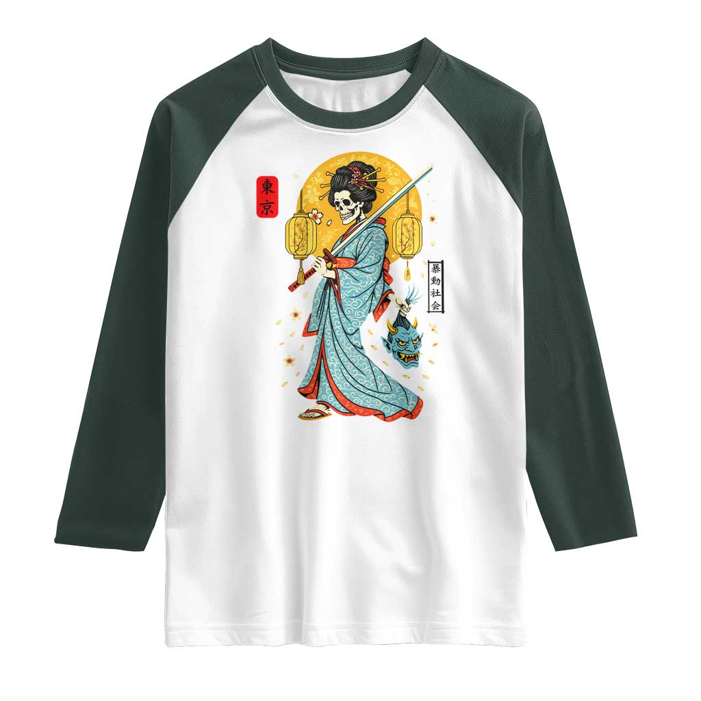 Gothic Samurai Geisha Skeleton Raglan Shirt Japanese Kimono And Katana - Wonder Print Shop
