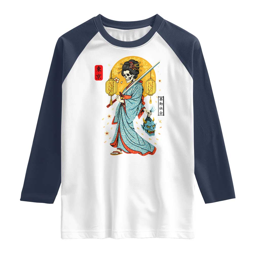 Gothic Samurai Geisha Skeleton Raglan Shirt Japanese Kimono And Katana - Wonder Print Shop