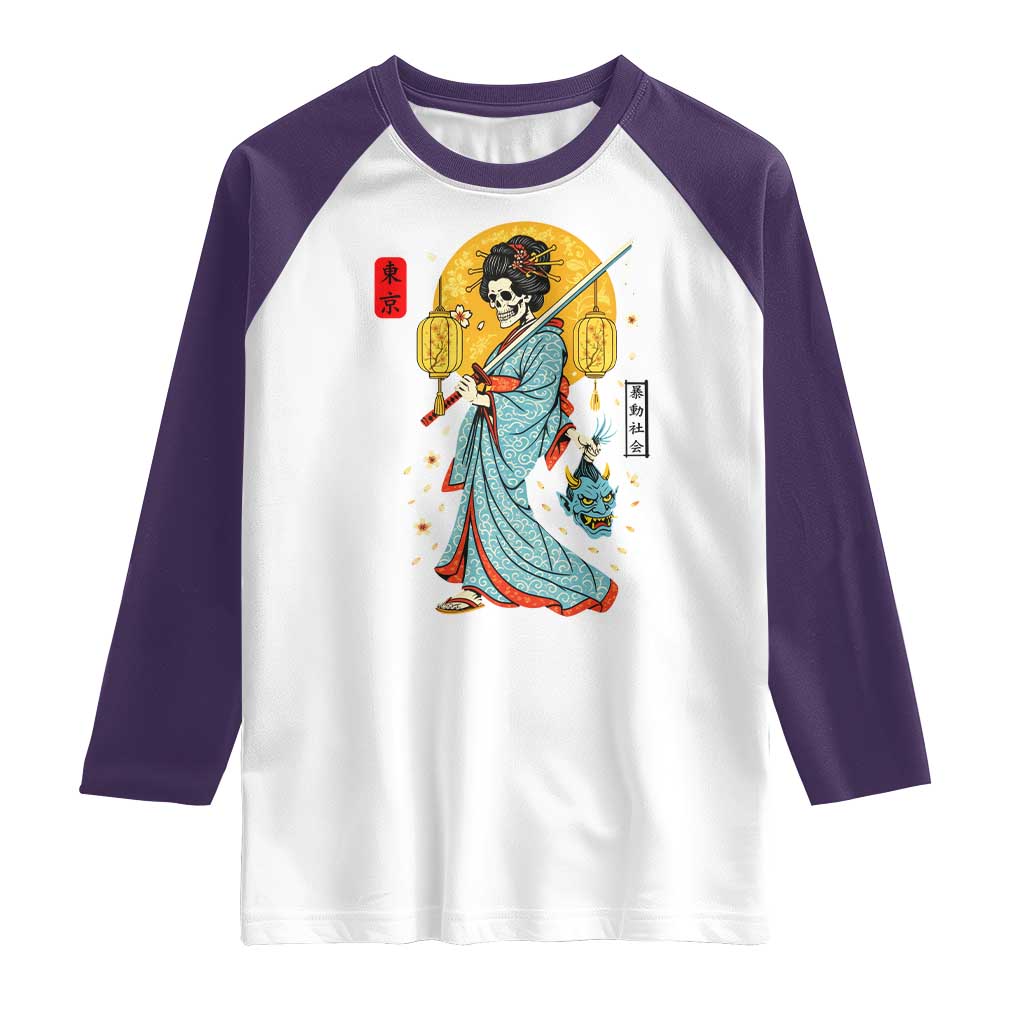 Gothic Samurai Geisha Skeleton Raglan Shirt Japanese Kimono And Katana - Wonder Print Shop