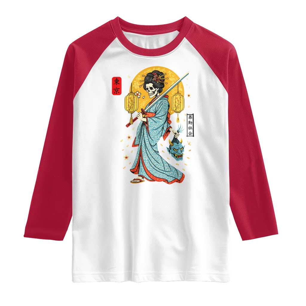Gothic Samurai Geisha Skeleton Raglan Shirt Japanese Kimono And Katana - Wonder Print Shop