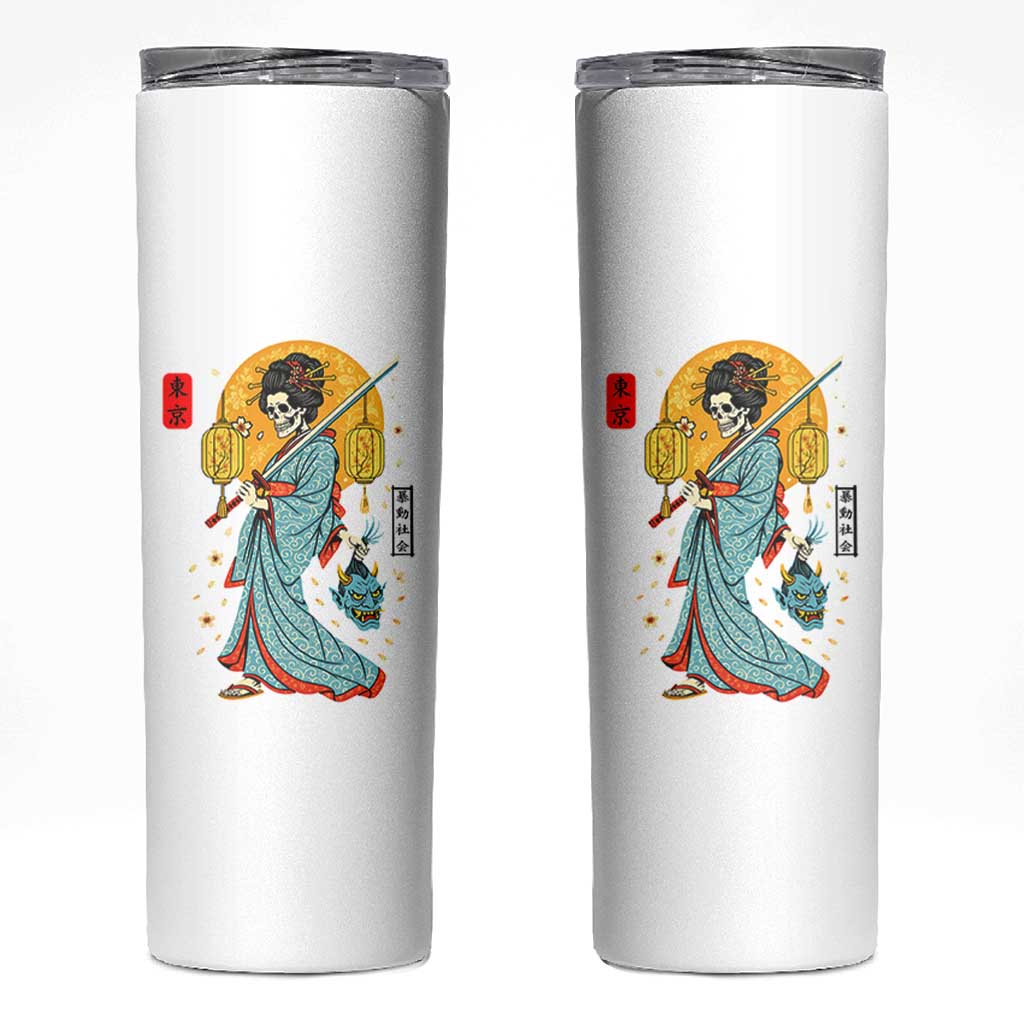 Gothic Samurai Geisha Skeleton Skinny Tumbler Japanese Kimono And Katana