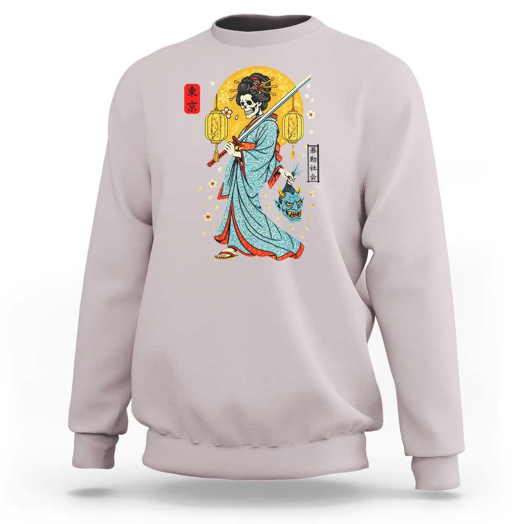 Gothic Samurai Geisha Skeleton Sweatshirt Japanese Kimono And Katana - Wonder Print Shop