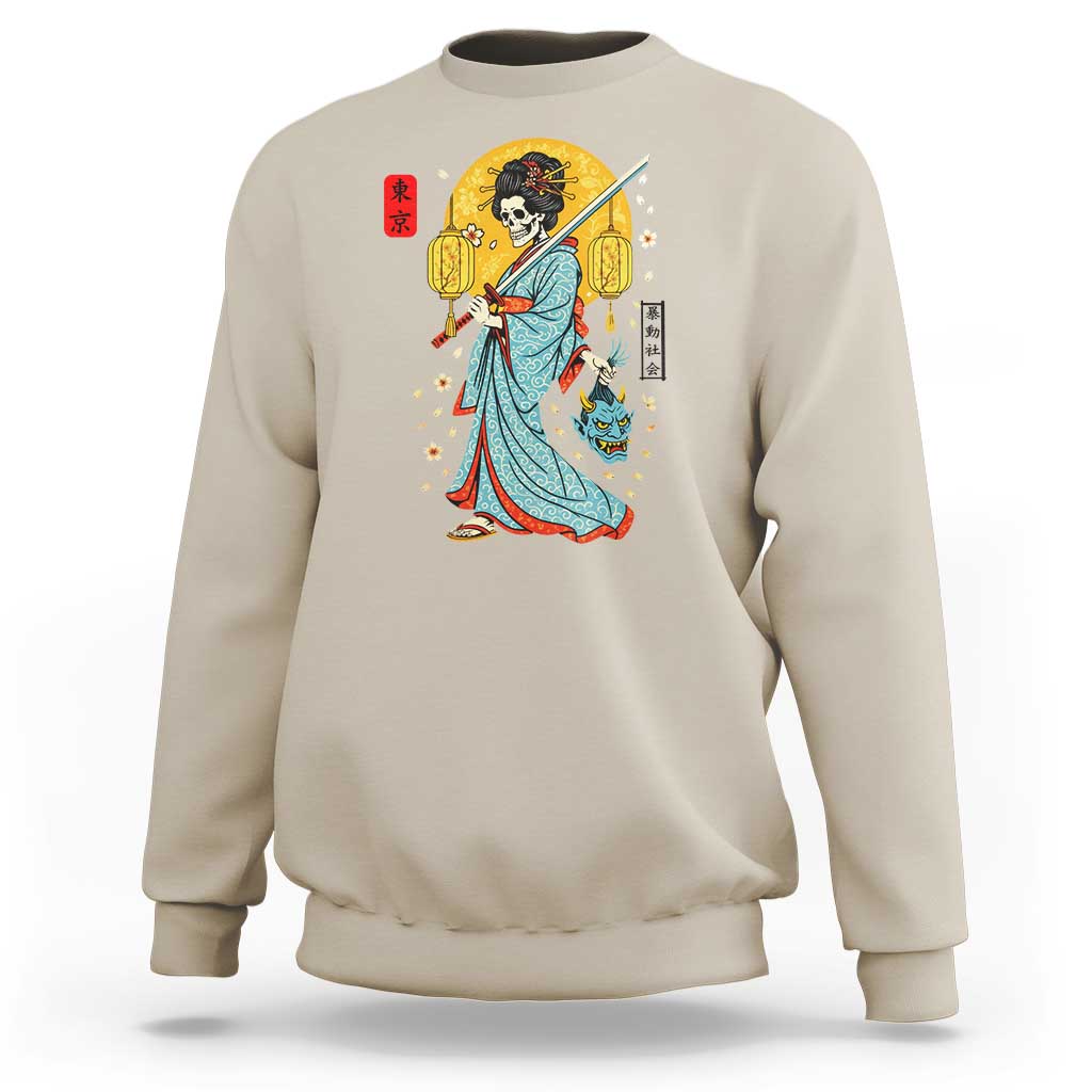 Gothic Samurai Geisha Skeleton Sweatshirt Japanese Kimono And Katana - Wonder Print Shop