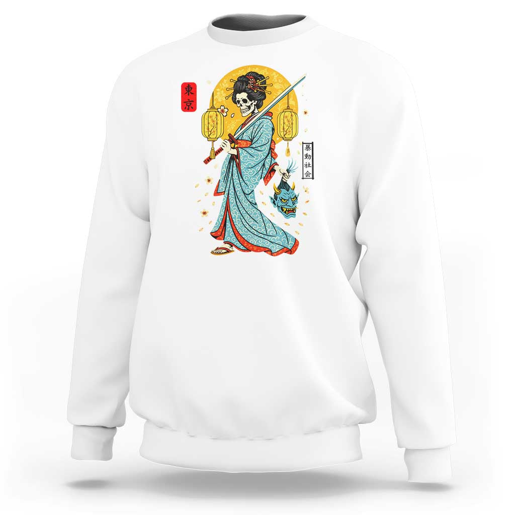 Gothic Samurai Geisha Skeleton Sweatshirt Japanese Kimono And Katana - Wonder Print Shop